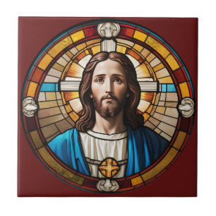 Brown Jesus Kristus Circular Faux Stached Glass Kakelplatta