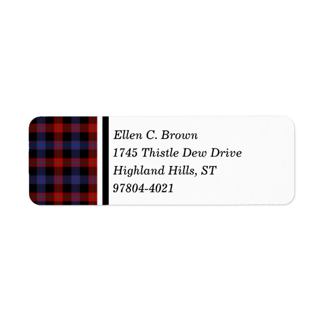 Brown Klan Red and Blue Scottish Tartan Returadress Etikett (Framsidan)