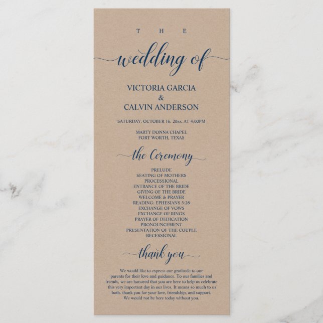 Brown Kraft, Classy Navy Blue, Bröllop Ceremony Program (Framsida)