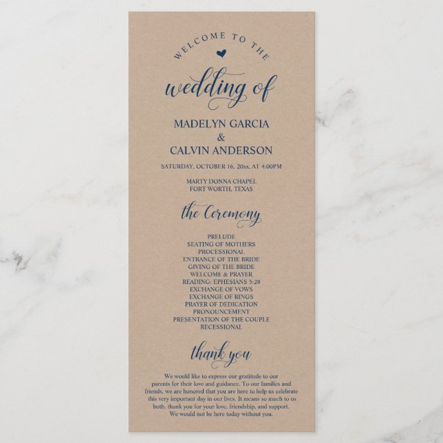 Brown Kraft, Classy Navy Blue, Bröllop Ceremony Program (Framsida)