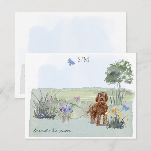Brown Labradoodle Hund Butterfly Monogram & Namn Anteckningskort (Fram/baksida)