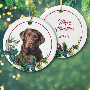 Brown Labrador Retriever Evergreen Berry Wandan Julgransprydnad Keramik