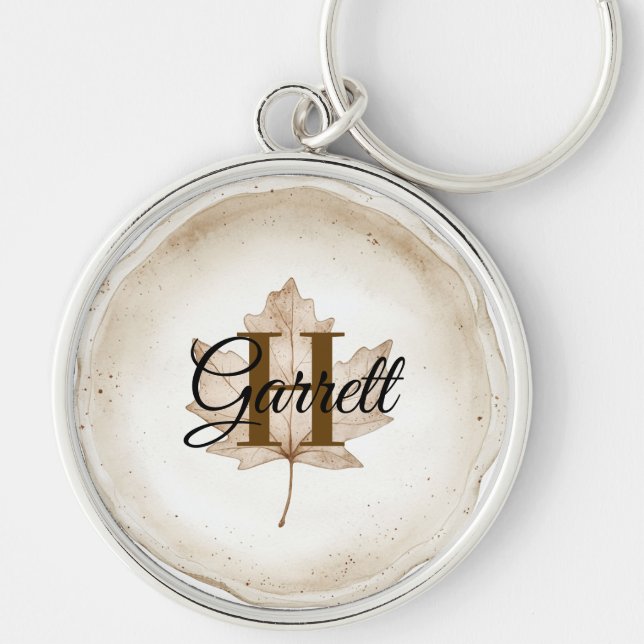 Brown Leaf Monogram Name Rund Silverfärgad Nyckelring (Framsidan)