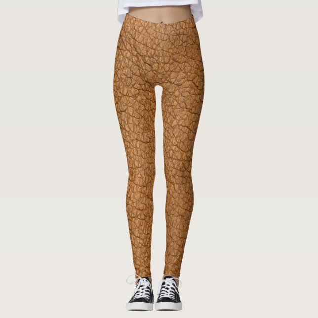 Brown Leather Faux Struktur Mönster Yoga Byxor (Framsida)