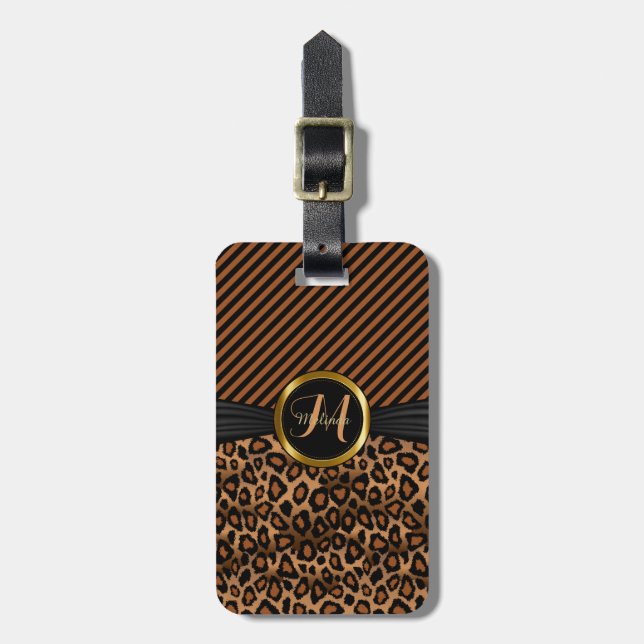 Brown Leopard Animal Mönster - Monogram Bagagebricka (Vertikal Framsida)