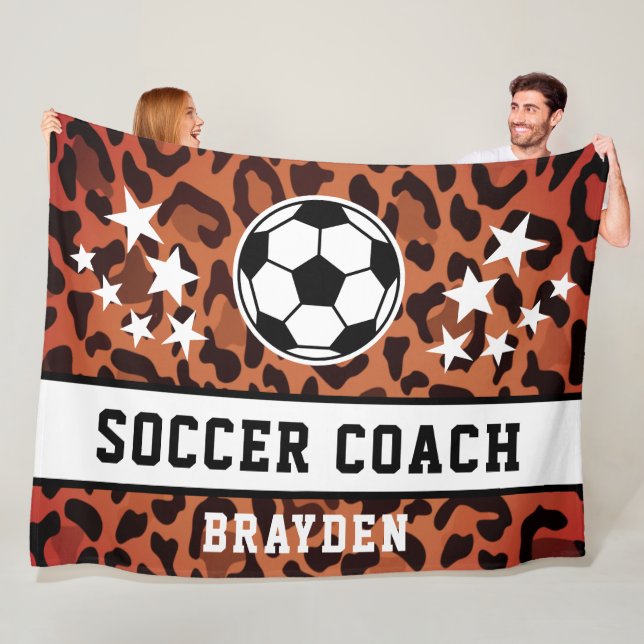 Brown Leopard Print Soccer Coach Namn Fleecefilt (På plats)