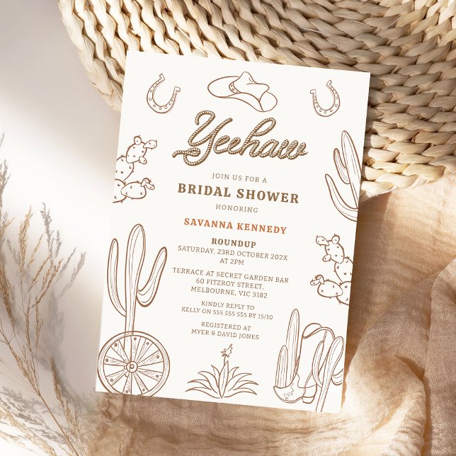Brown Line Yeehaw Western Cowgirl Möhippa Inbjudningar (Modern Cowgirl Bridal Shower Invitation, Western Bridal Shower Invite, Country, Wild West, Yeehaw)
