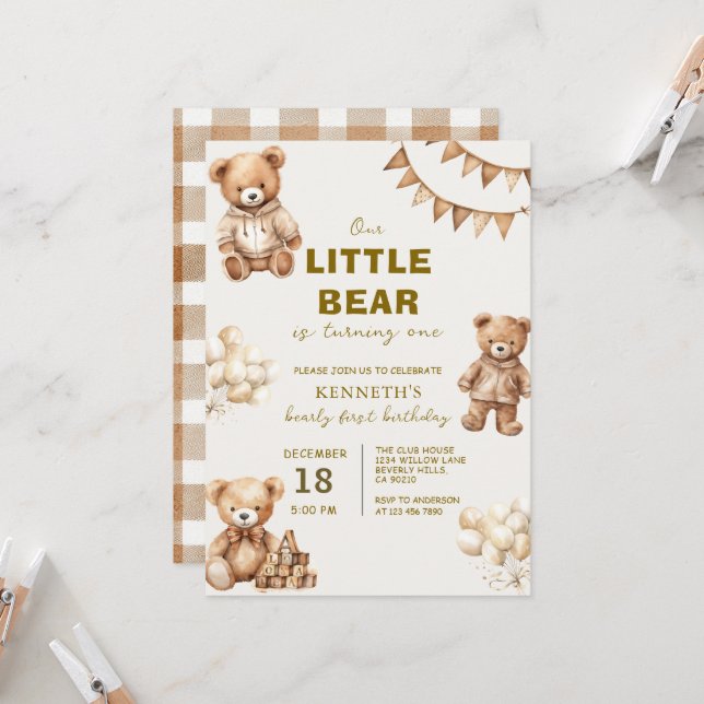 Brown Little Bear is Turning One Birthday Party Inbjudningar (Fram/Back In Situ)