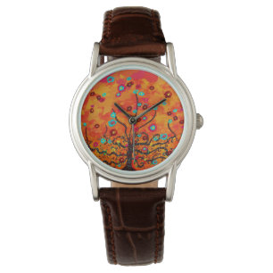Brown Livets träd W/ Flowers & Orange Färg Boho Armbandsur