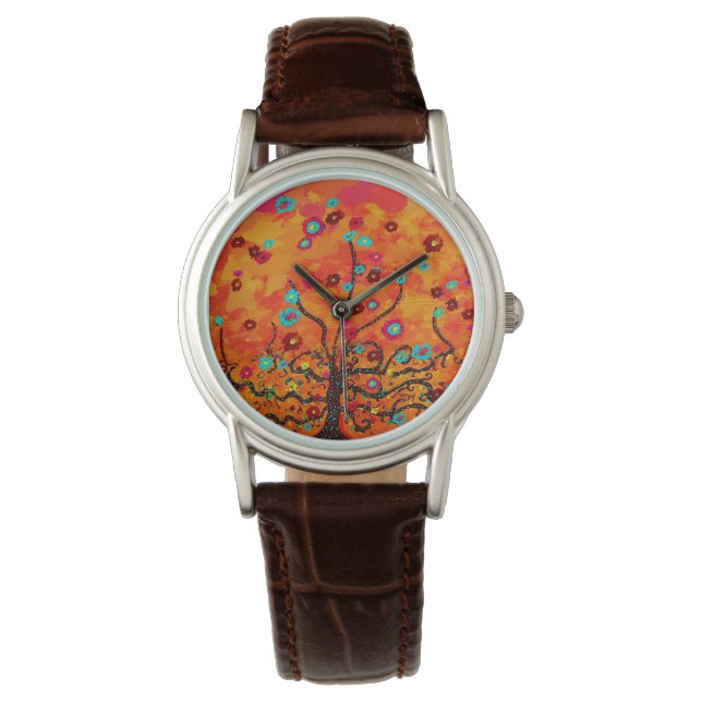 Brown Livets träd W/ Flowers & Orange Färg Boho Armbandsur (Framsida)