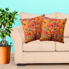 Brown Livets träd W/ Flowers & Orange Färg Boho Kudde