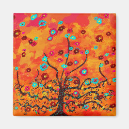 Brown Livets träd W/ Flowers & Orange Färg Boho Magnet