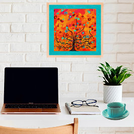 Brown Livets träd W/ Flowers & Orange Färg Boho Poster