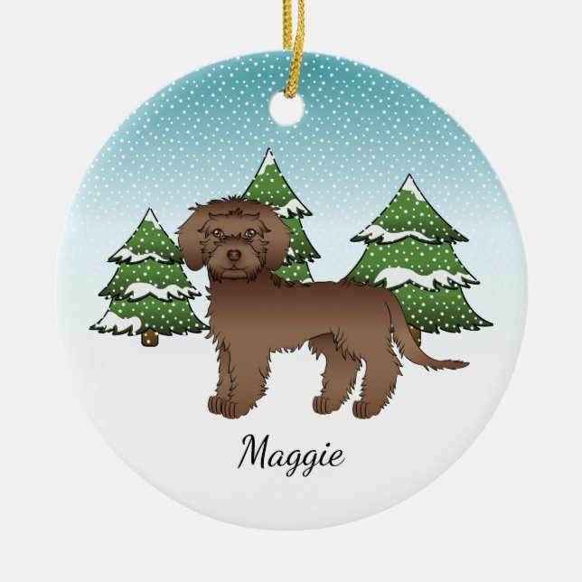 Brown Mini Goldendoodle - Winter Forest & Namn Julgransprydnad Keramik (Framsidan)