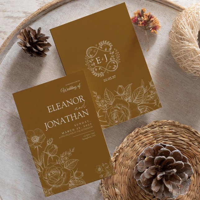 Brown Minimalist Rustic Floral Elegant Wedding  Inbjudningar (Skapare uppladdad)