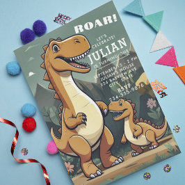 Brown Mint Grönt Dinosaur Boy 1st Birthday Inbjudningar