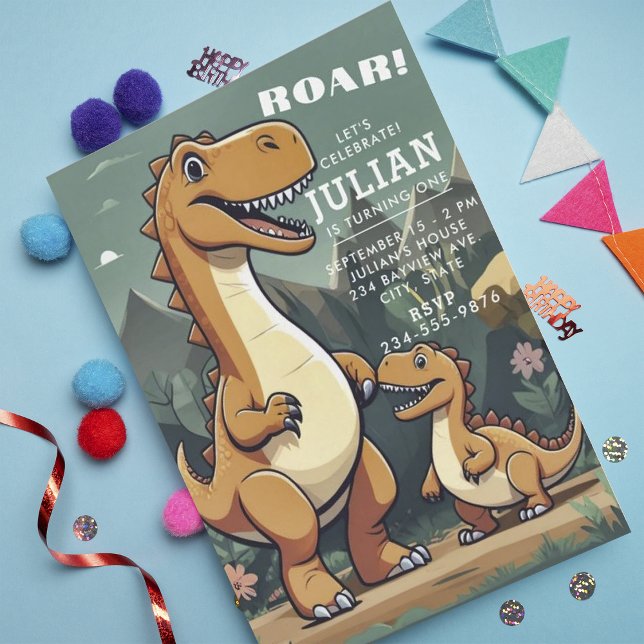 Brown Mint Grönt Dinosaur Boy 1st Birthday Inbjudningar (Skapare uppladdad)