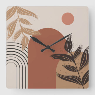 Brown Modern Boho Abstract Botanical Square Clock Fyrkantig Klocka