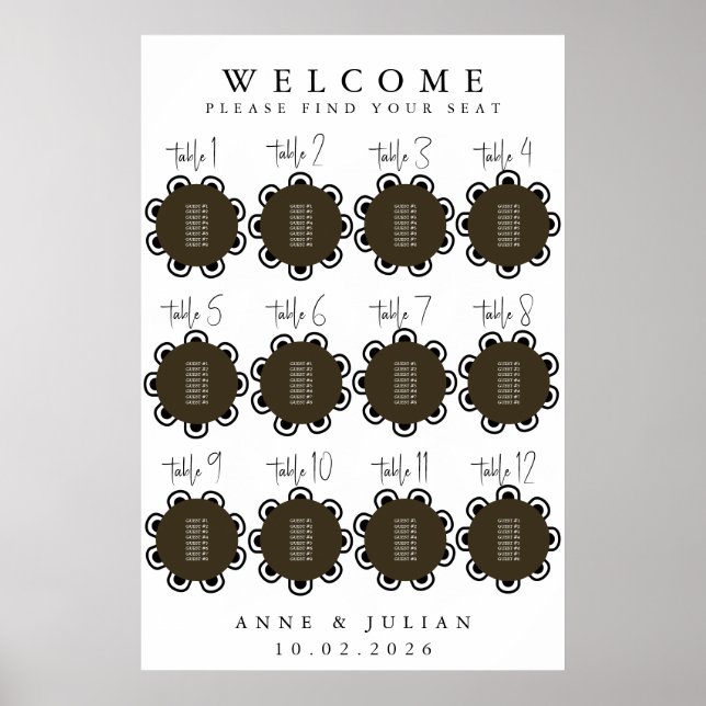 Brown Modern Minimal Wedding Seating Chart Poster (Framsidan)