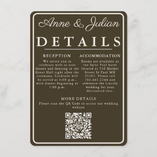 Brown Modern Wedding Details Card QR Code & photo Tilläggskort