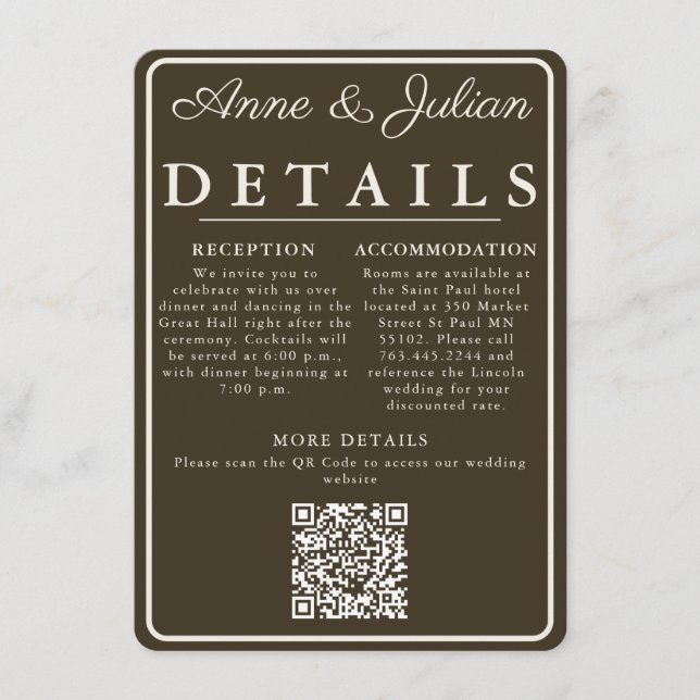 Brown Modern Wedding Details Card QR Code & photo Tilläggskort (Framsida)