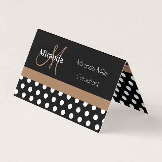 Brown Monogram Black White Polka Dot Visitkort (Framsida)
