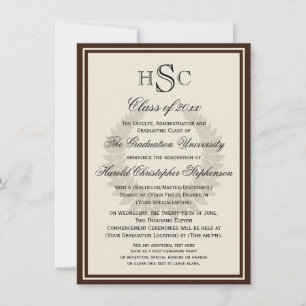 Brown Monogram Laurel Classic College Graduation Inbjudningar