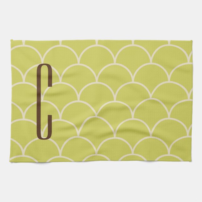 Brown Monogram på Retro Grönt Mönster Kökshandduk (Horisontell)