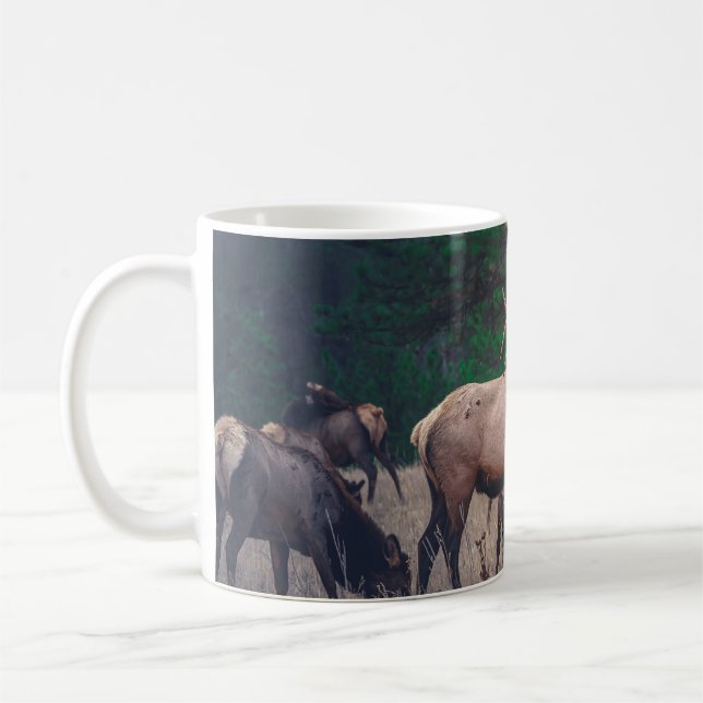 BROWN MOOSE NÄRA GRÖNTEN TRÄD VID DAGTIDEN KAFFEMUGG (Vänster)