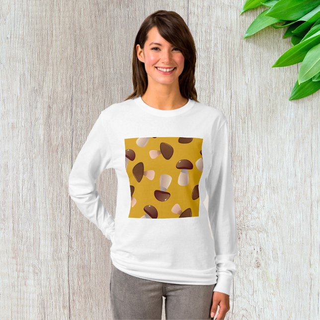 Brown Mushroom Mönster på Mustard Gult T Shirt (Skapare uppladdad)