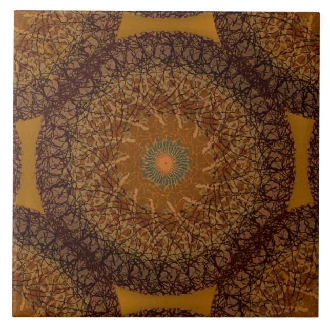 Brown Mustard Gult Boho Mandala 70s Inspired Kakelplatta (Framsidan)