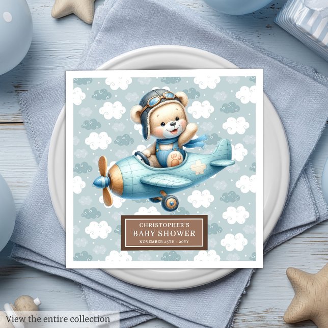 Brown Nalle Pilot Baby Shower Napkins for Boy Pappersservett (Brown Teddy Bear Pilot Baby Shower Napkins for Boys)