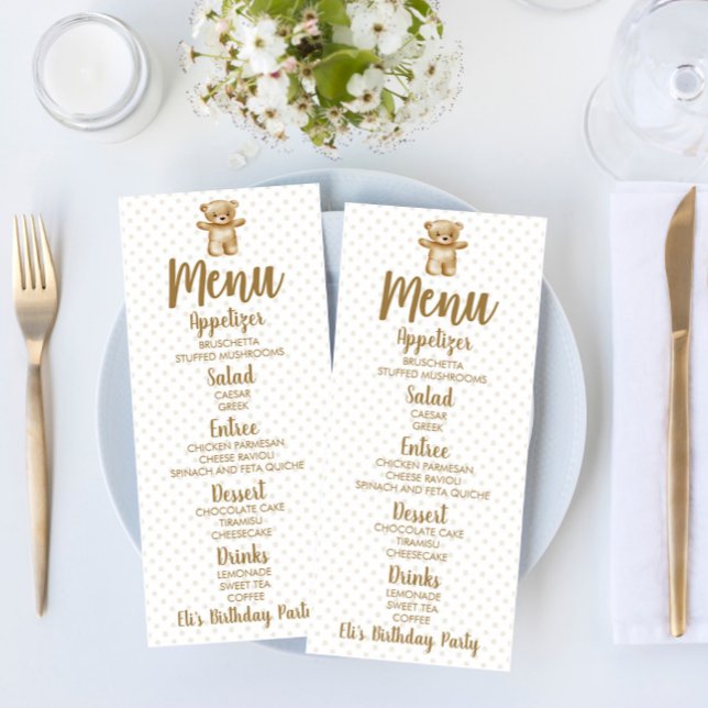 Brown Nalle Polka dots Födelsedagsfest Food Meny (Skapare uppladdad)