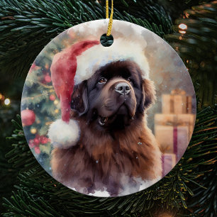 Brown Newfoundland Hund Santa Hat jul Julgransprydnad Keramik