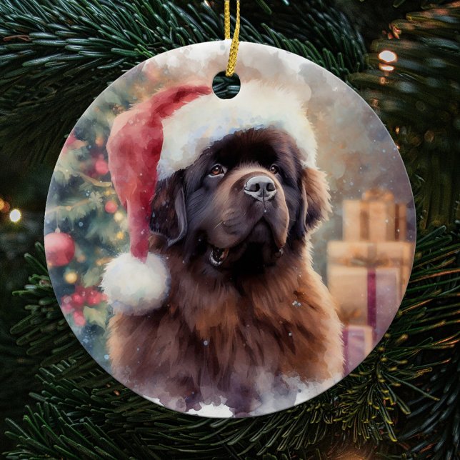 Brown Newfoundland Hund Santa Hat jul Julgransprydnad Keramik (Skapare uppladdad)