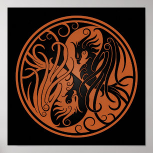 Brown och Black Yin Yang Phoenix Poster