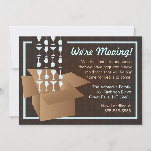 Brown och Blue Vi är Flytta Packing-meddelande. Meddelande (Framsida)
