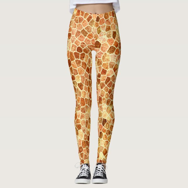 Brown och Cream Cobpled Patchwork Terrazo Mönster Leggings (Framsida)