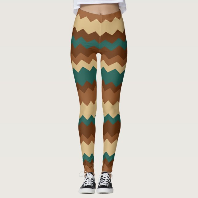 Brown och Grönt Hösten Zigzag Rand Leggings (Framsida)