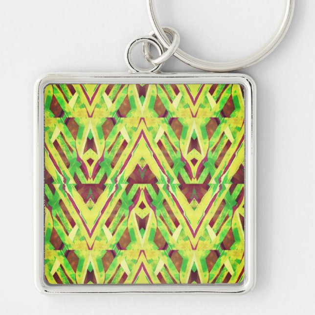 Brown och grönt mönster fyrkantig silverfärgad nyckelring (Framsidan)