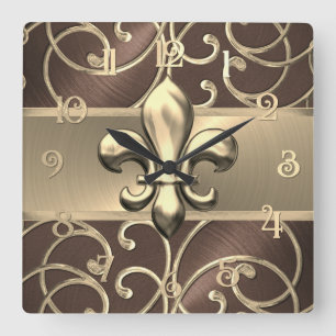 Brown och Guld Filigree Swirls Fleur de Lis Fyrkantig Klocka
