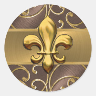 Brown och Guld Filigree Swirls Fleur de Lis Runt Klistermärke