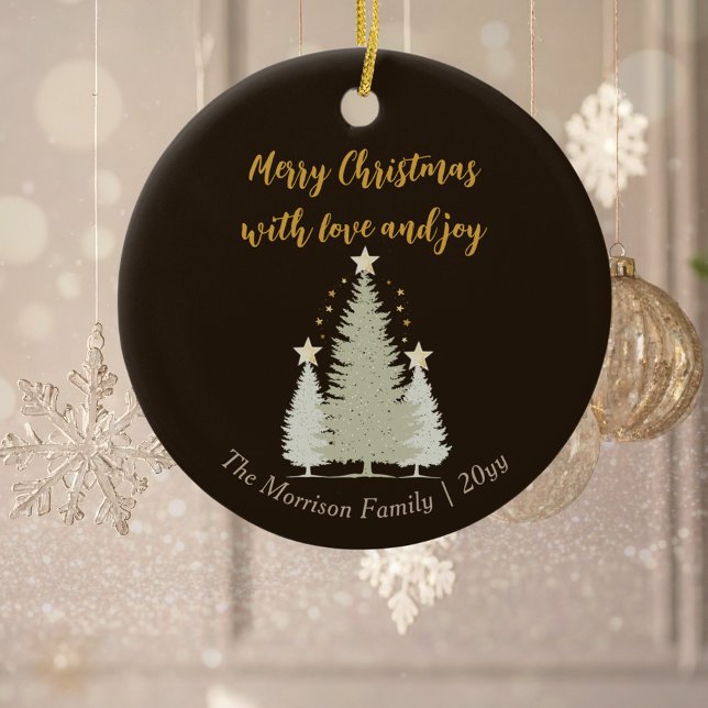 Brown och Guld Julgran och Stars Julgransprydnad Keramik (Brown and Gold Christmas Tree and Stars Ceramic Ornament)