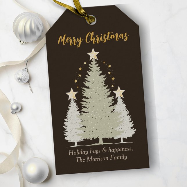 Brown och Guld Julgran och Stars Presentetikett (Brown and Gold Christmas Tree and Stars Gift Tags)