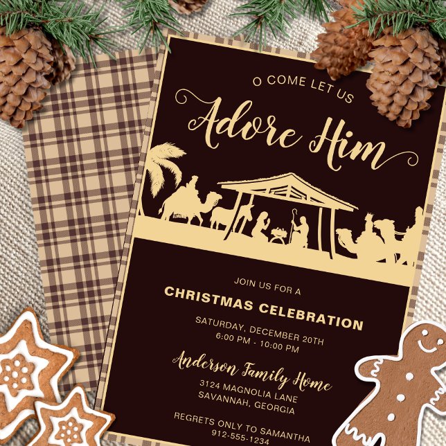 Brown och Guld Nativitet Religiösa jul Party Inbjudningar (Religious Christmas party invitation with nativity scene , brown flannel and gold calligraphy script)