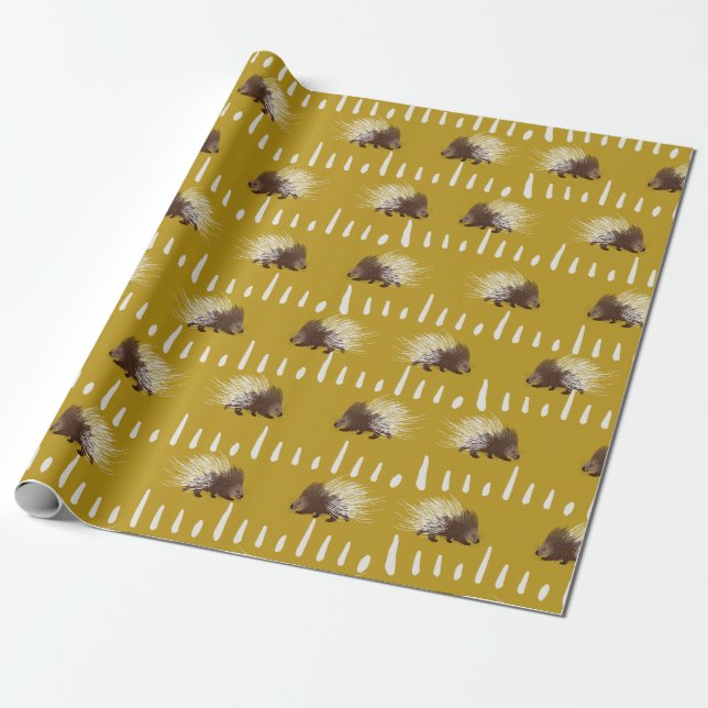 Brown och Mustard Porcupine Patterned Presentpapper (Utrullad)