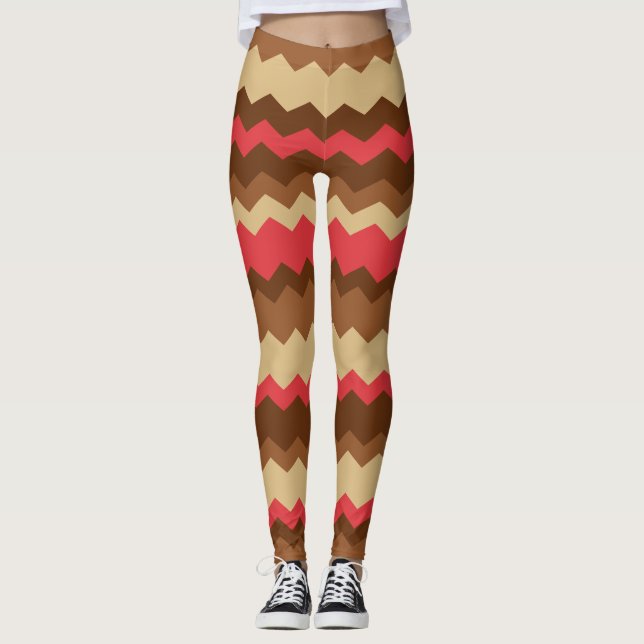 Brown och Red Autumn Zig Zag Stripe Leggings (Framsida)