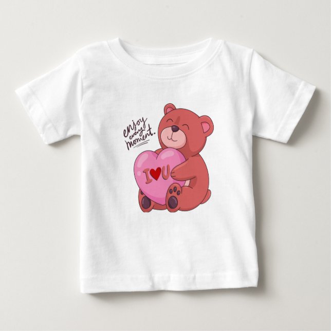 Brown och Rosa Illustrative Bear Kärlek T-Shirt (Framsida)