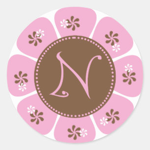 Brown och Rosa Monogram N Runt Klistermärke