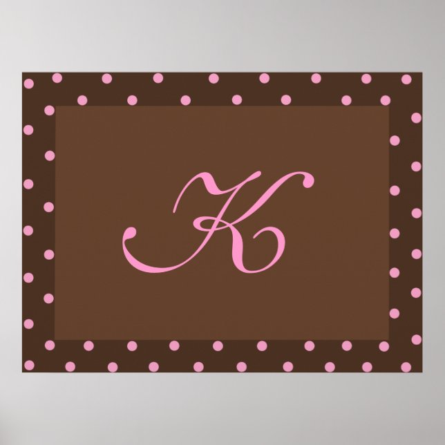 Brown och Rosa Polka Dot Monogram Ram Poster (Framsidan)